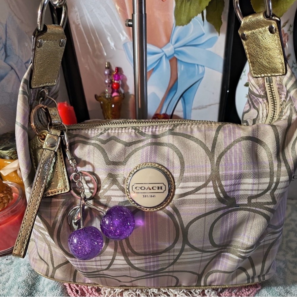 Coach Beige, Gold and Purple Hobo Bag